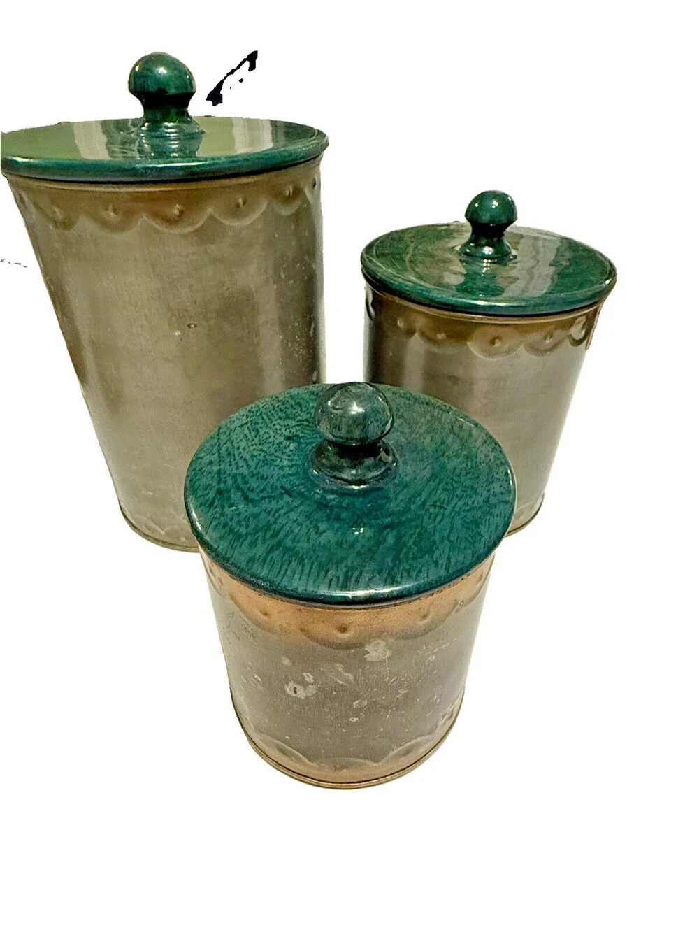Country Decorative Canisters with green lids, set of 3; farmhouse kitchen